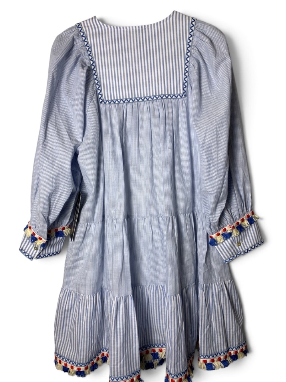 Tuckernuck Jen Dress XL NWT Chambray Blue Stripe Fringe Tassel Cotton Tiered - Picture 14 of 16
